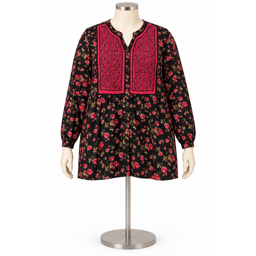 Ulla Popken Plus Size Floral Embroidered Bib Tunic Blouse Black Pink 32/34
